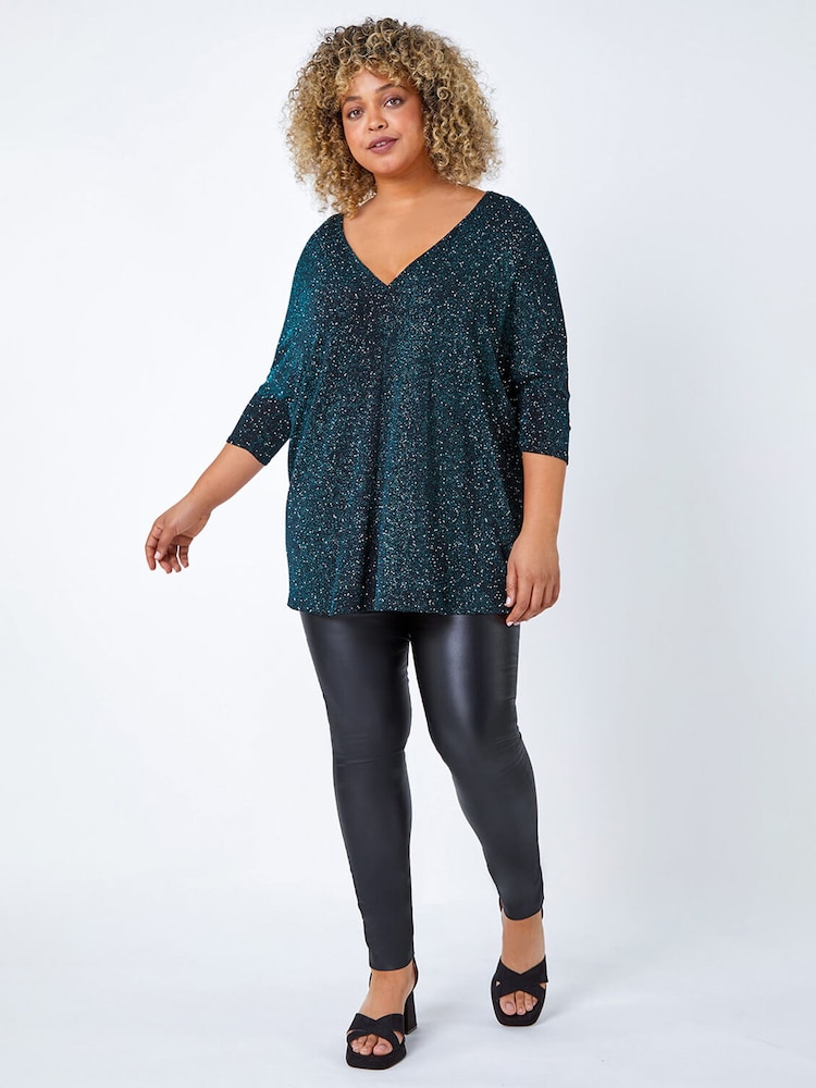 Roman Green Curve Back Bar Glitter Stretch Top - Image 1 of 5