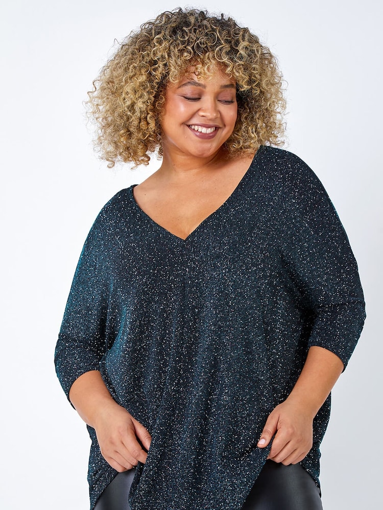 Roman Green Curve Back Bar Glitter Stretch Top - Image 2 of 5