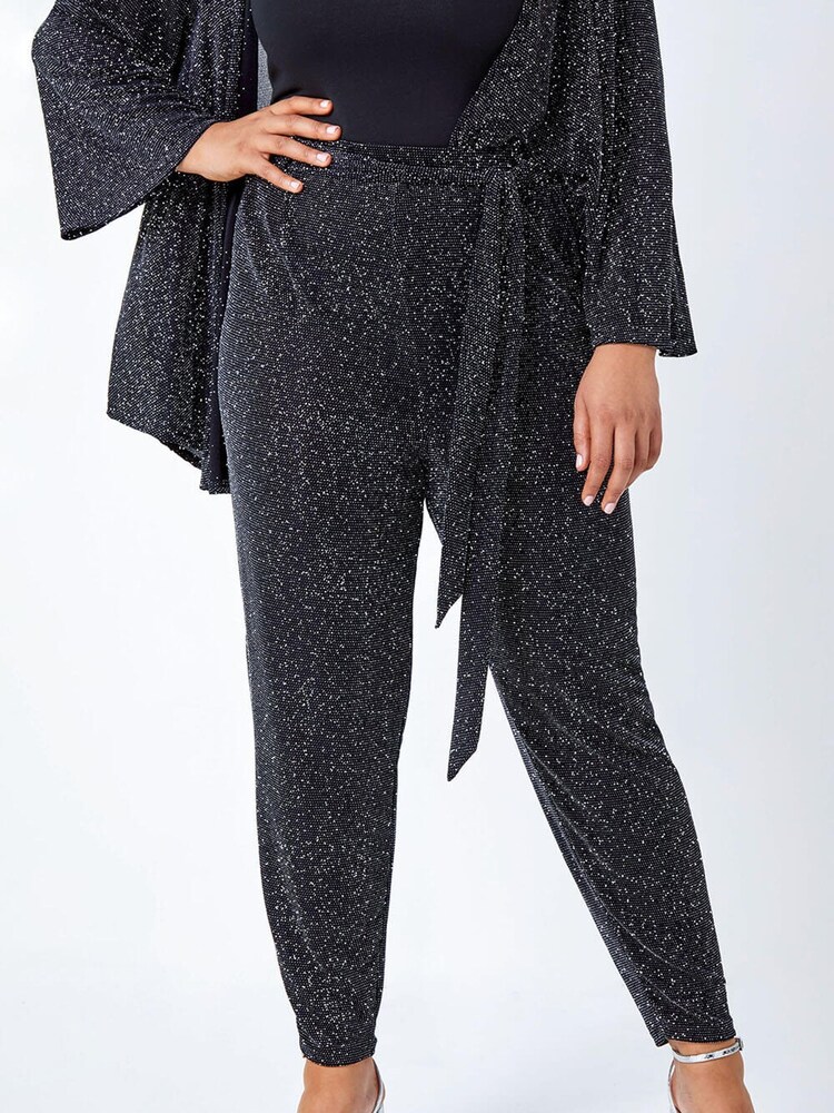 Roman Black Curve Glitter Belted Tapered Stretch Trousers - Image 1 of 5