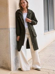 Khaki Green Lightweight Shower Resistant Hooded Longline Parka - Image 1 of 8