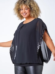 Roman Black Curve Sequin Trim Chiffon Overlay Top - Image 1 of 5
