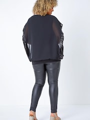 Roman Black Curve Sequin Trim Chiffon Overlay Top - Image 2 of 5