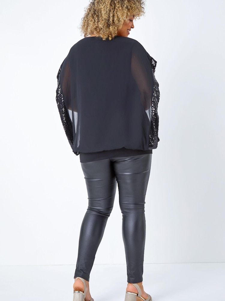 Roman Black Curve Sequin Trim Chiffon Overlay Top - Image 2 of 5