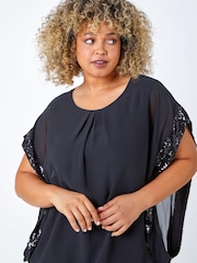 Roman Black Curve Sequin Trim Chiffon Overlay Top - Image 4 of 5
