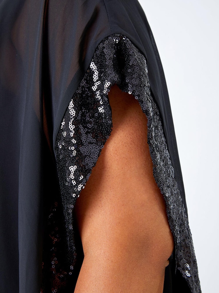 Roman Black Curve Sequin Trim Chiffon Overlay Top - Image 5 of 5