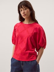 Monsoon Red Ellie Puff Sleeve Embroidered Jersey Top - Image 1 of 4