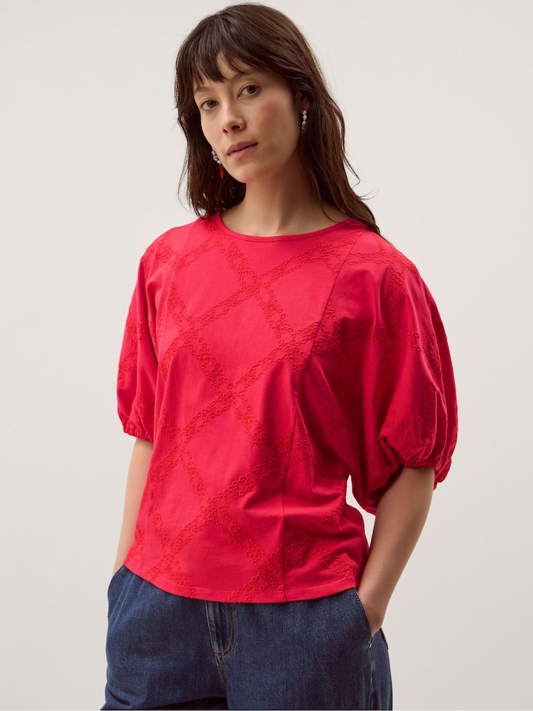Monsoon Red Ellie Puff Sleeve Embroidered Jersey Top - Image 1 of 4 Monsoon Red Ellie Puff Sleeve Embroidered Jersey Top - Image 1 of 4