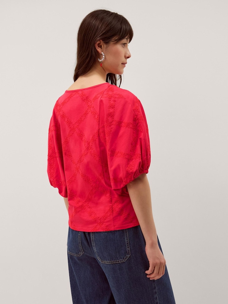 Monsoon Red Ellie Puff Sleeve Embroidered Jersey Top - Image 2 of 4 Monsoon Red Ellie Puff Sleeve Embroidered Jersey Top - Image 2 of 4