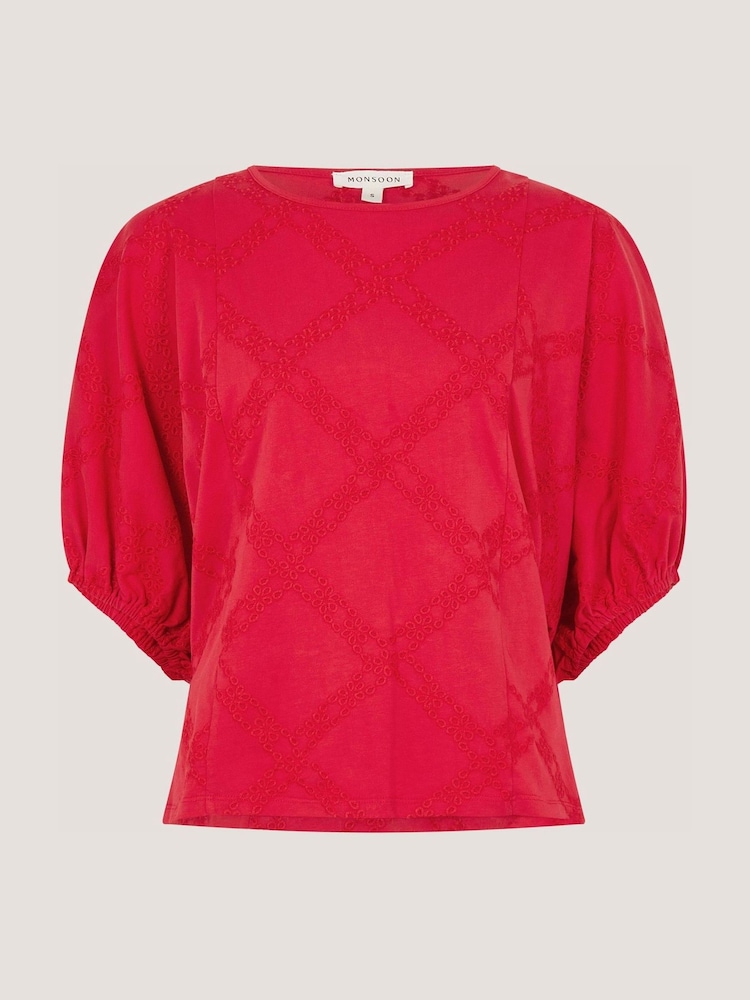 Monsoon Red Ellie Puff Sleeve Embroidered Jersey Top - Image 4 of 4 Monsoon Red Ellie Puff Sleeve Embroidered Jersey Top - Image 4 of 4