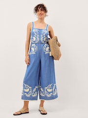 Monsoon Blue Stella Embroidered Denim Culotte Jumpsuit - Image 1 of 5