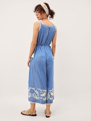 Monsoon Blue Stella Embroidered Denim Culotte Jumpsuit - Image 3 of 5