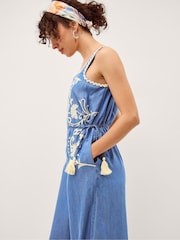 Monsoon Blue Stella Embroidered Denim Culotte Jumpsuit - Image 4 of 5
