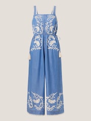 Monsoon Blue Stella Embroidered Denim Culotte Jumpsuit - Image 5 of 5