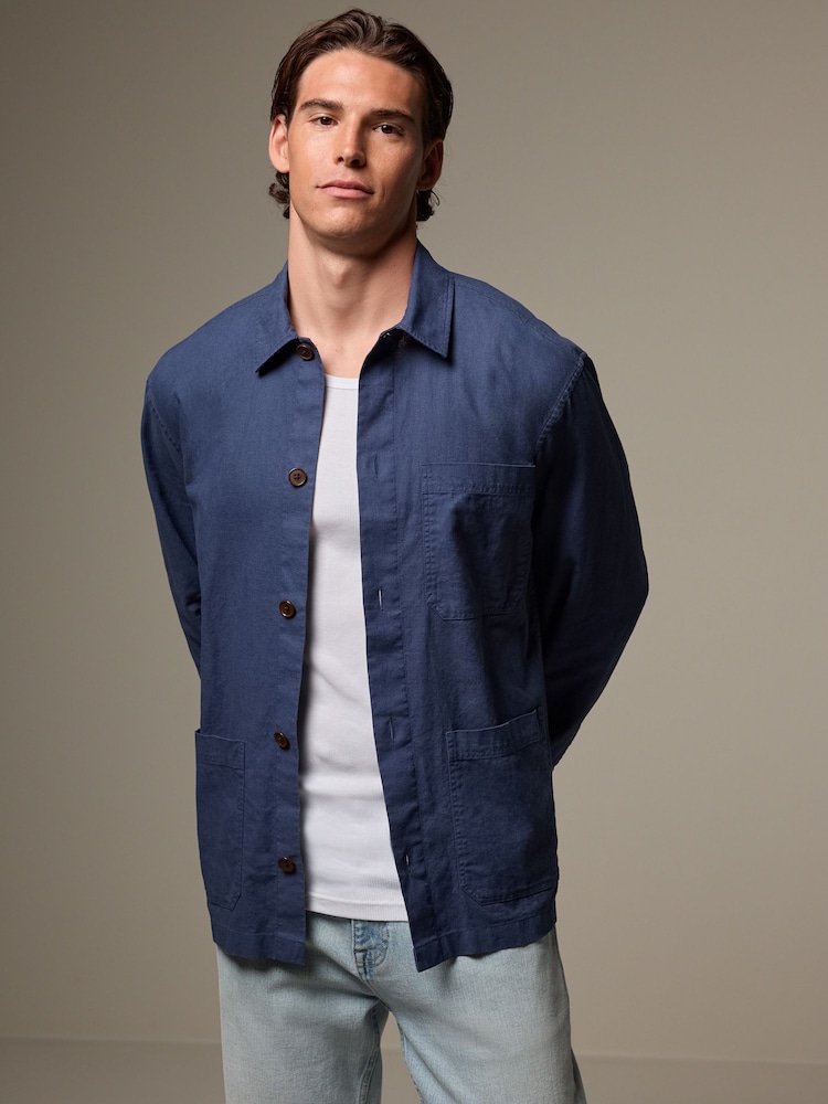 Blue Linen Blend Chore Shacket Overshirt - Image 1 of 7