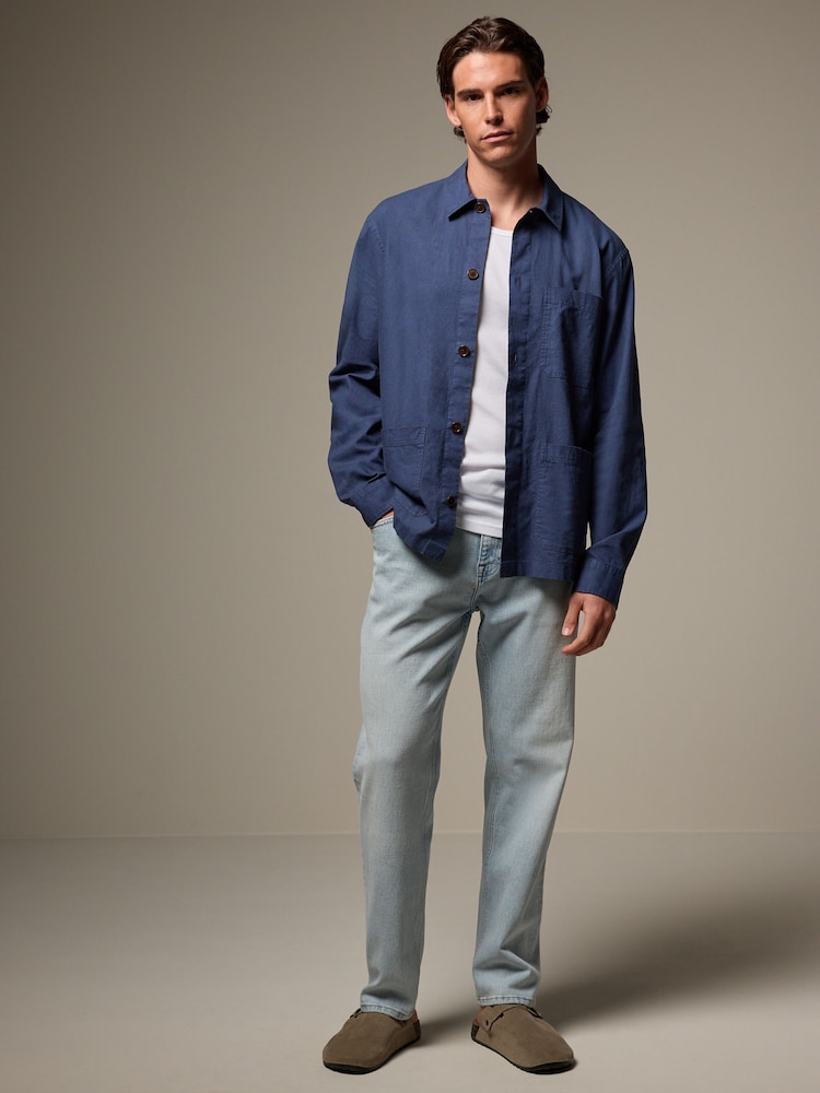 Blue Linen Blend Chore Shacket Overshirt - Image 2 of 7