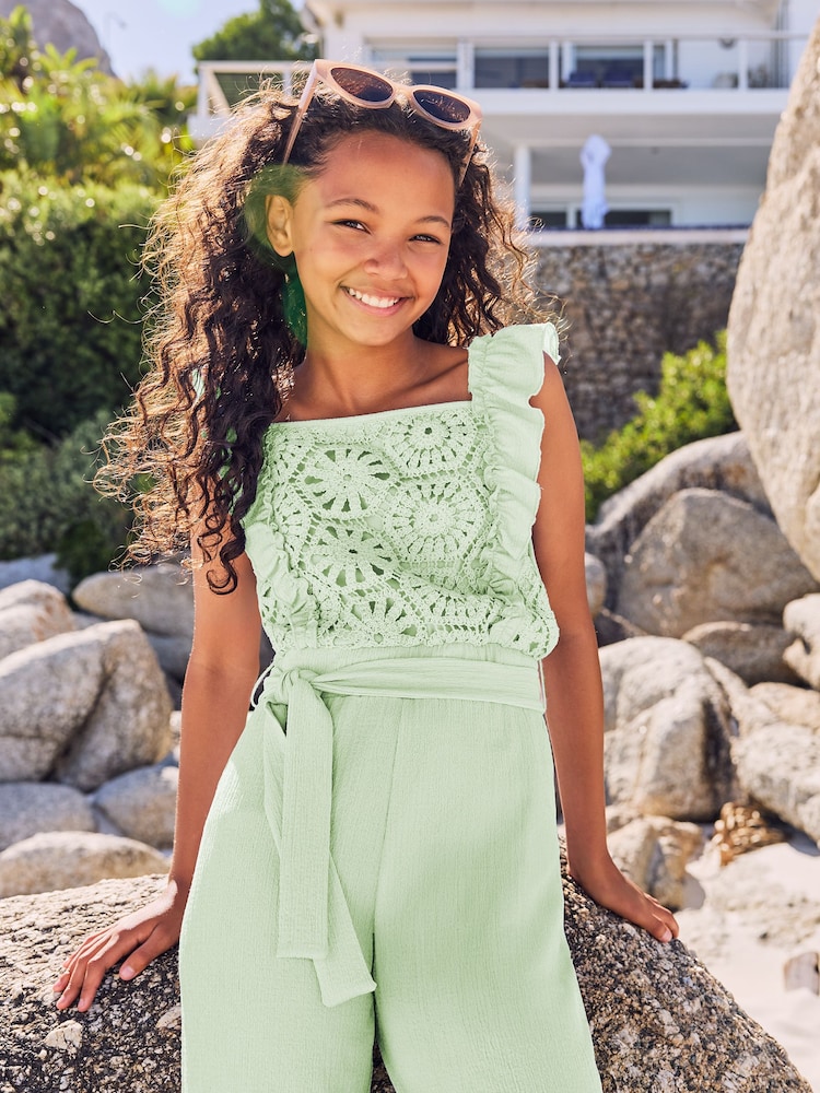 Lipsy Green Crochet Jersey Jumpsuit (5-16yrs) - Image 2 of 4