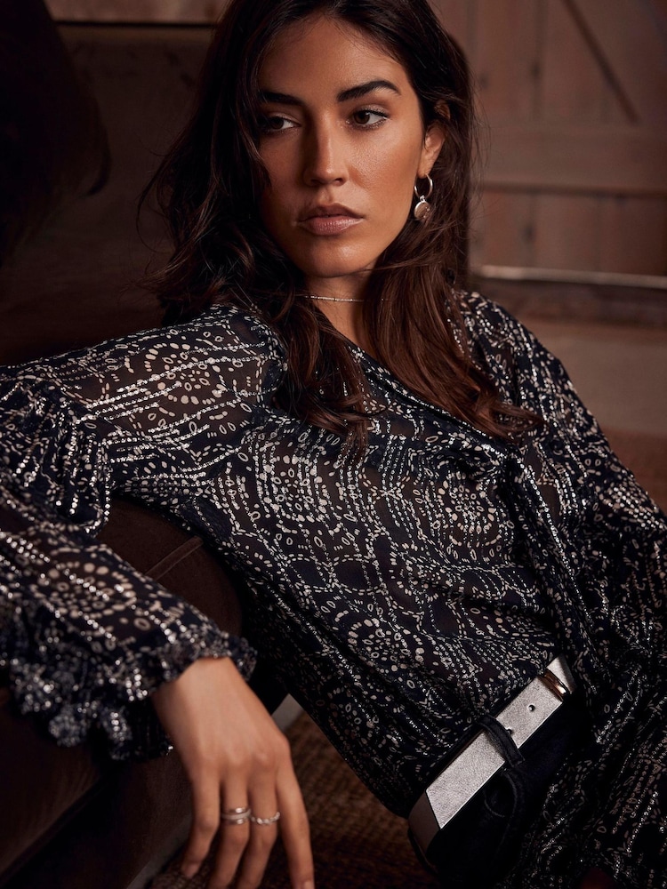 Mint Velvet Grey Metallic Print Blouse - Image 1 of 4 Mint Velvet Grey Metallic Print Blouse - Image 1 of 4