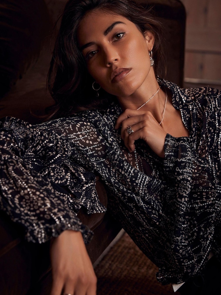 Mint Velvet Grey Metallic Print Blouse - Image 2 of 4 Mint Velvet Grey Metallic Print Blouse - Image 2 of 4