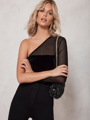 Mint Velvet Black Asymmetric Mesh Top - Image 1 of 5