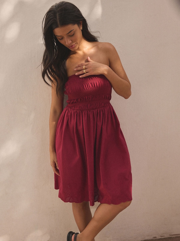Pink 100% Cotton Bandeau Jersey Embroidered Hem Summer Dress - Image 1 of 7