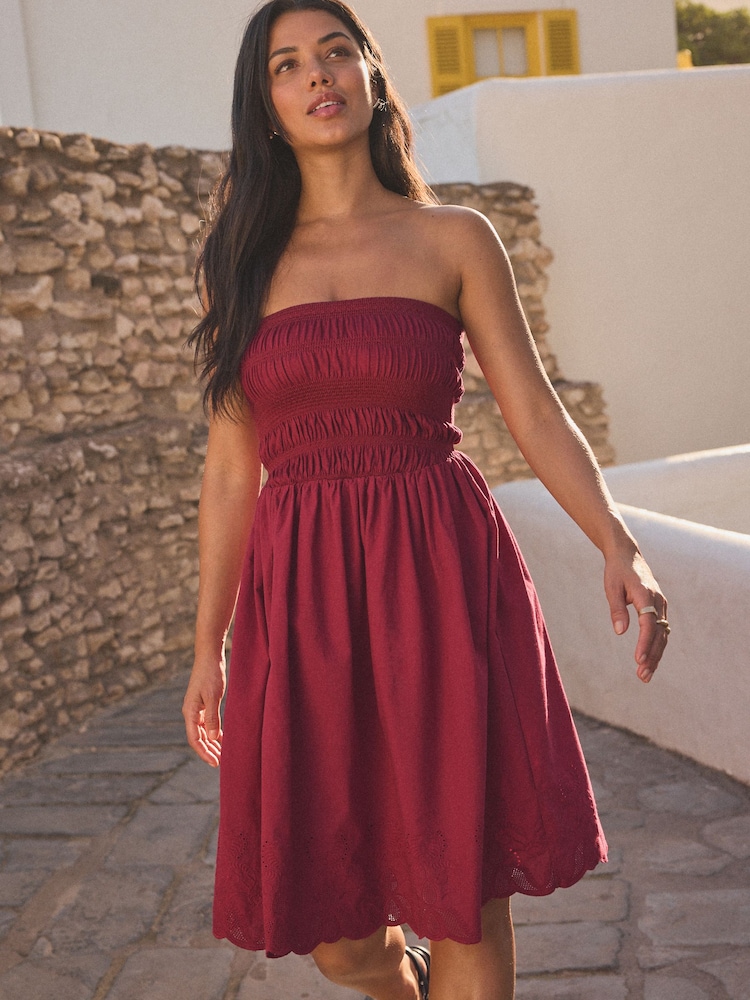 Pink 100% Cotton Bandeau Jersey Embroidered Hem Summer Dress - Image 2 of 7