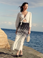 White/Black Long Sleeve Tie Summer Dress - Image 1 of 6