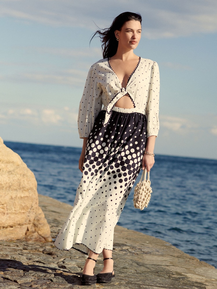 White/Black Long Sleeve Tie Summer Dress - Image 1 of 6