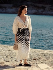 White/Black Long Sleeve Tie Summer Dress - Image 2 of 6