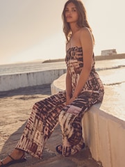 Brown Metallic Tie Dye Multiway Halter-Tie Bandeau Wide Leg Jumpsuit - Image 4 of 6