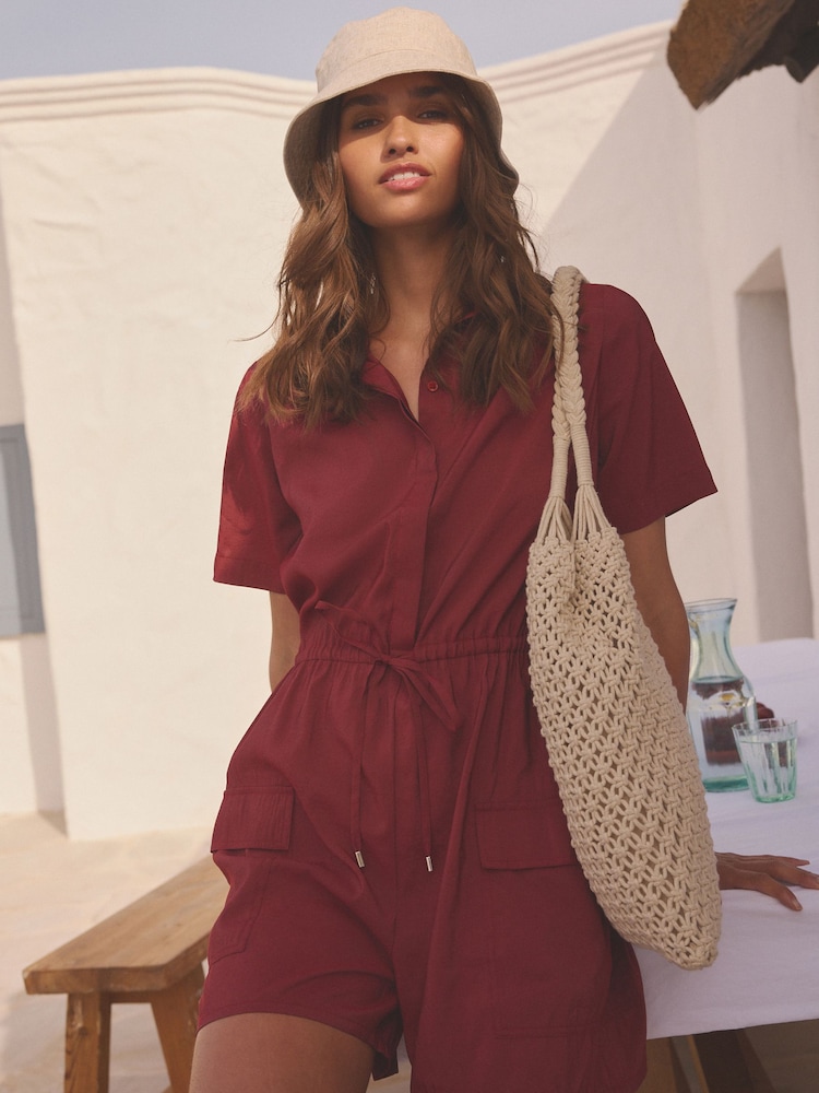 Burgundy Red Tie Waist Utility Cargo Playsuit - Image 2 of 5