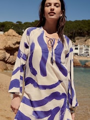 White/Blue 100% Cotton Kaftan Cover-Up - Image 1 of 6