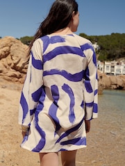 White/Blue 100% Cotton Kaftan Cover-Up - Image 3 of 6