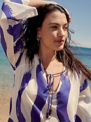White/Blue 100% Cotton Kaftan Cover-Up - Image 4 of 6