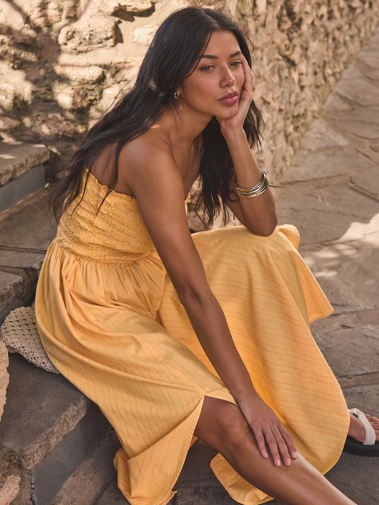 Yellow 100% Cotton Bandeau Midi Summer Dress - Image 2 of 6