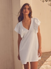 White 100% Cotton Embroidered Sleeve Mini Dress - Image 1 of 8
