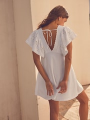 White 100% Cotton Embroidered Sleeve Mini Dress - Image 4 of 8