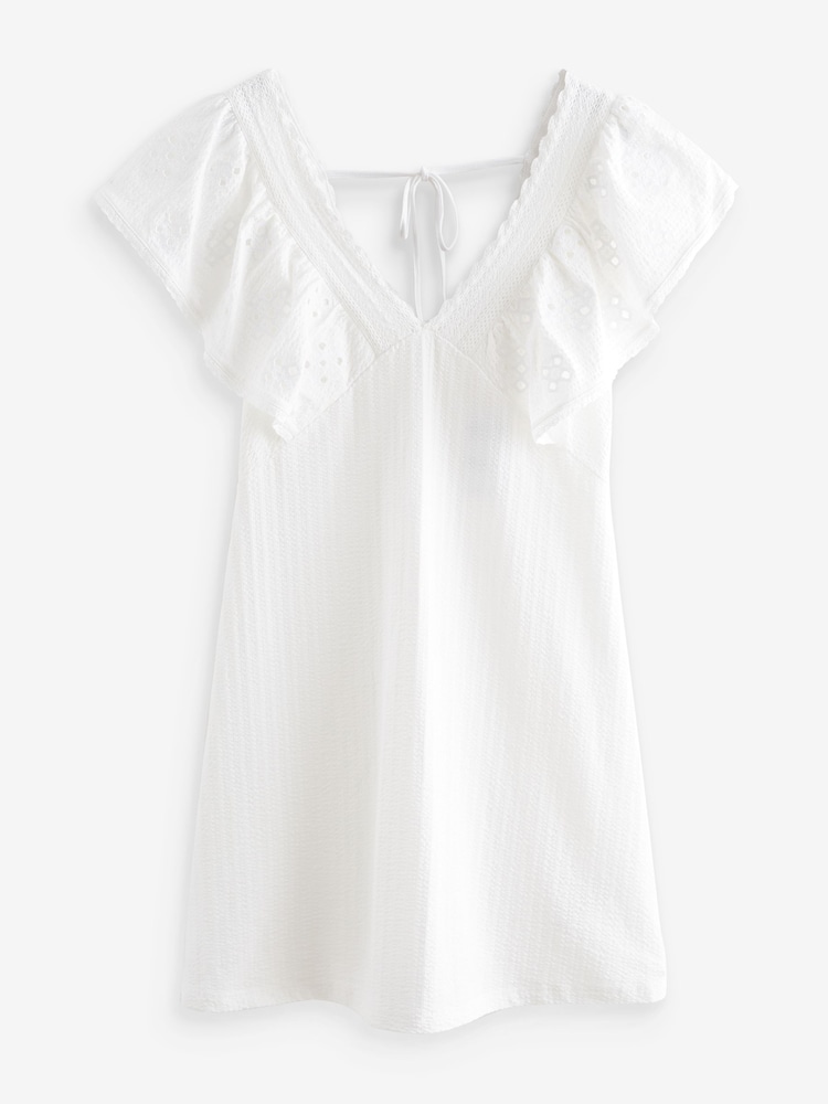 White 100% Cotton Embroidered Sleeve Mini Dress - Image 7 of 8