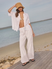 White Embroidered Wide Leg 100% Cotton Trousers With Linen - Image 1 of 8