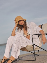 White Embroidered Wide Leg 100% Cotton Trousers With Linen - Image 2 of 8