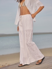 White Embroidered Wide Leg 100% Cotton Trousers With Linen - Image 3 of 8