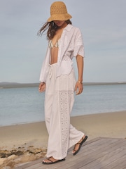 White Embroidered Wide Leg 100% Cotton Trousers With Linen - Image 4 of 8