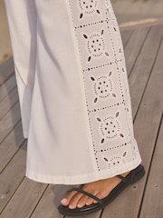 White Embroidered Wide Leg 100% Cotton Trousers With Linen - Image 5 of 8