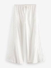 White Embroidered Wide Leg 100% Cotton Trousers With Linen - Image 6 of 8