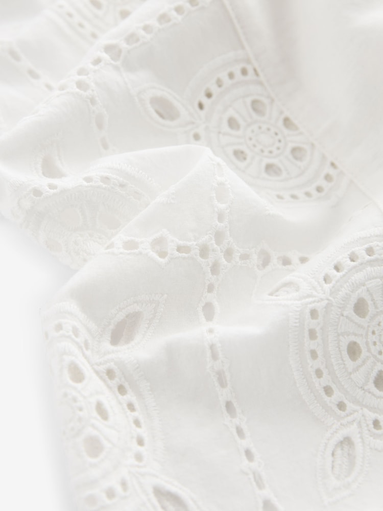 White Embroidered Wide Leg 100% Cotton Trousers With Linen - Image 8 of 8