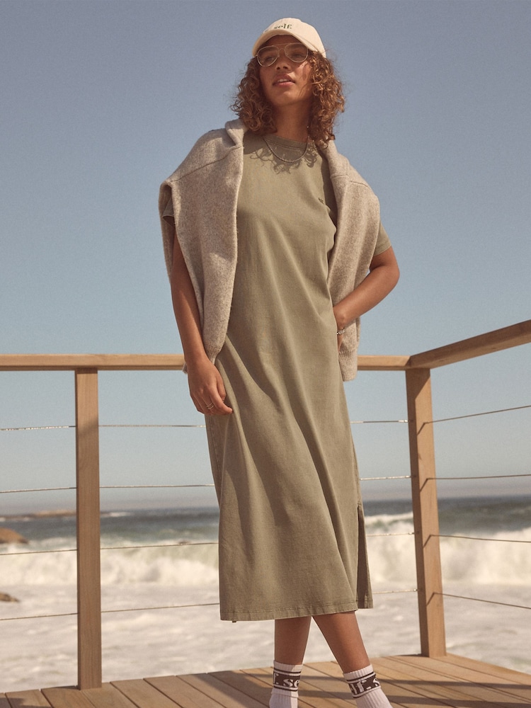 self. Khaki Green 100% Cotton T-Shirt Dress - Image 2 of 5