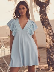 Blue 100% Cotton Embroidered Sleeve Mini Dress - Image 3 of 7