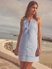 Blue 100% Cotton Embroidered Mini Summer Dress - Image 1 of 8