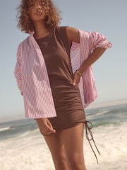 Chocolate Brown Self Ruched T-Shirt Mini Dress - Image 1 of 8