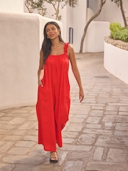 Red Ruffle Strap Wide Leg 100% Cotton Jumpsuit - Image 1 of 7