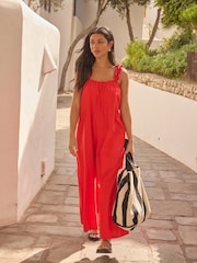 Red Ruffle Strap Wide Leg 100% Cotton Jumpsuit - Image 2 of 7
